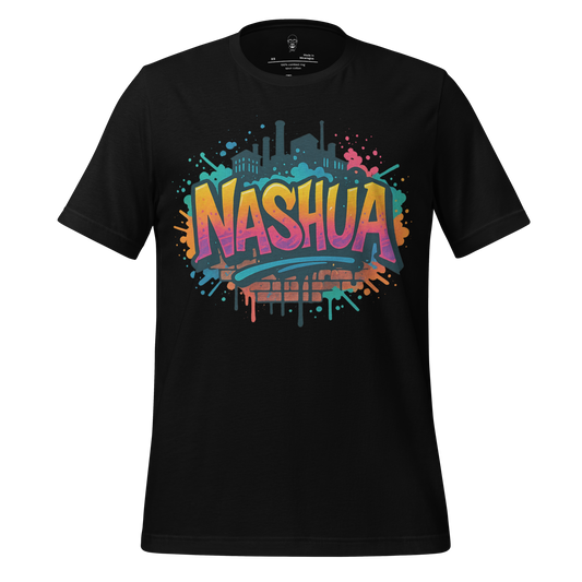 Black Nashua Graphic T Shirt with colorful urban cityscape and graffiti style design