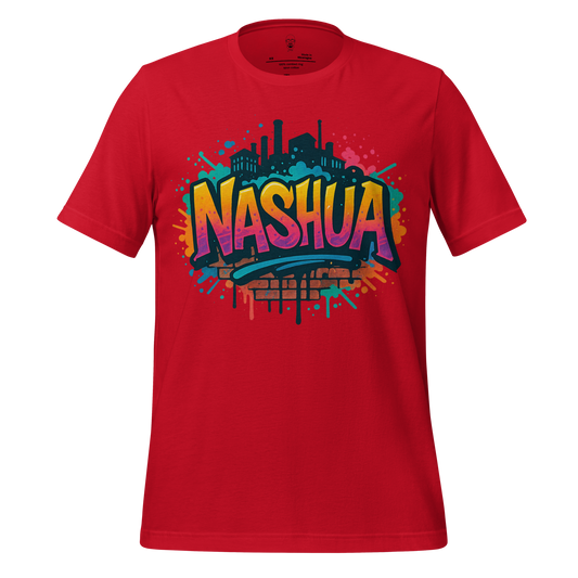 Red Nashua Graphic T-Shirt by JMK Drip featuring colorful cityscape and graffiti style design