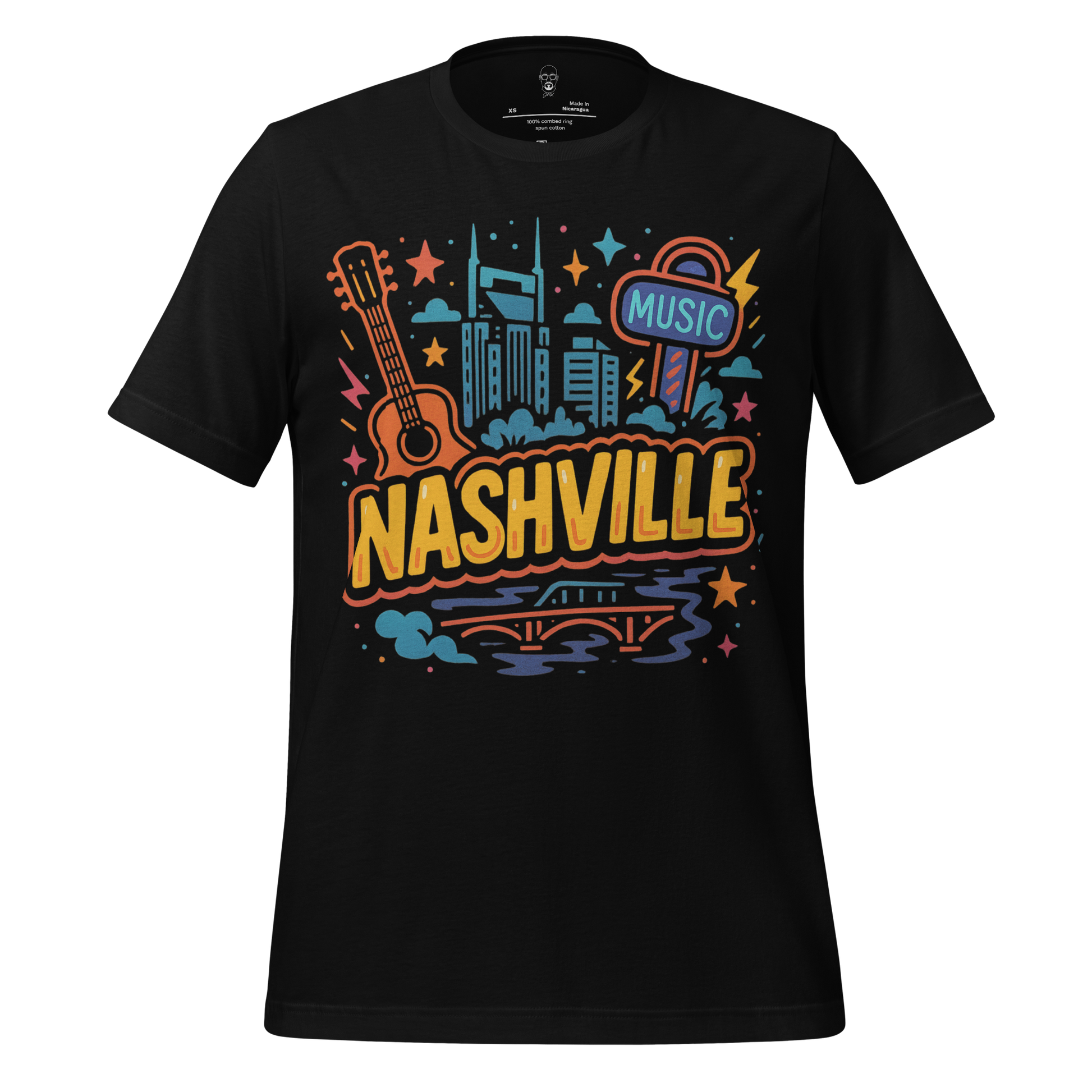 Black Nashville graphic t-shirt with colorful cityscape, guitar, music sign, and bridge design