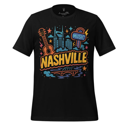 Black Nashville graphic t-shirt with colorful cityscape, guitar, music sign, and bridge design
