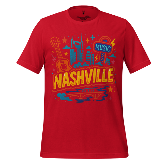 Red Nashville graphic t-shirt featuring city skyline, guitar, and music sign design
