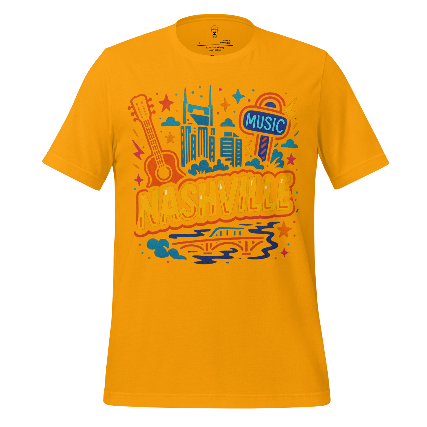 Yellow Nashville graphic t-shirt by JMK Drip featuring guitar, city skyline, and music sign design