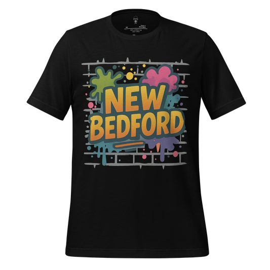Black New Bedford Graphic T-Shirt by JMK Drip with colorful graffiti style print on front