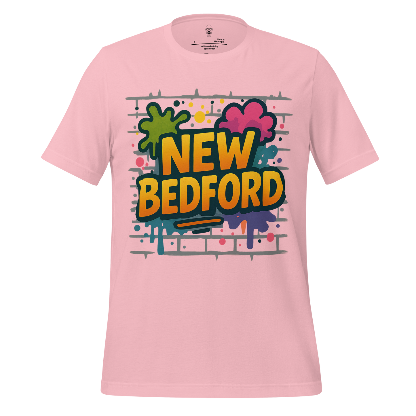 Pink New Bedford Graphic T-Shirt by JMK Drip with colorful graffiti-style design on front