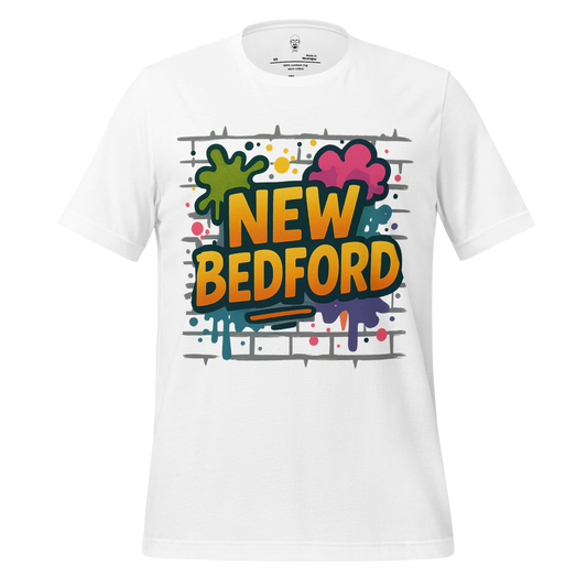 White New Bedford Graphic T-Shirt by JMK Drip with colorful graffiti style design on front