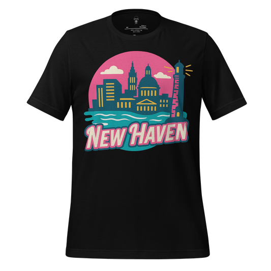 JMK Drip New Haven Graphic T-Shirt with colorful city skyline illustration on black fabric