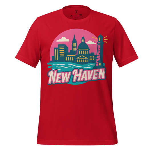Red New Haven Graphic T-Shirt by JMK Drip featuring city skyline and lighthouse design