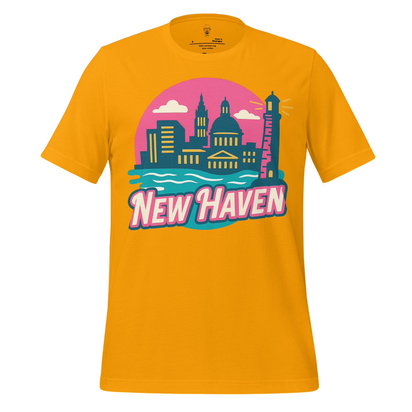 JMK Drip New Haven Graphic T-Shirt in yellow with colorful city skyline and lighthouse design