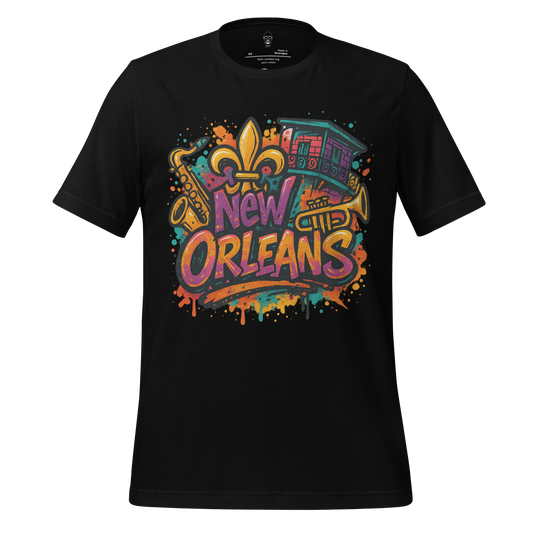 JMK Drip New Orleans graphic t-shirt with colorful jazz and streetcar design on black fabric