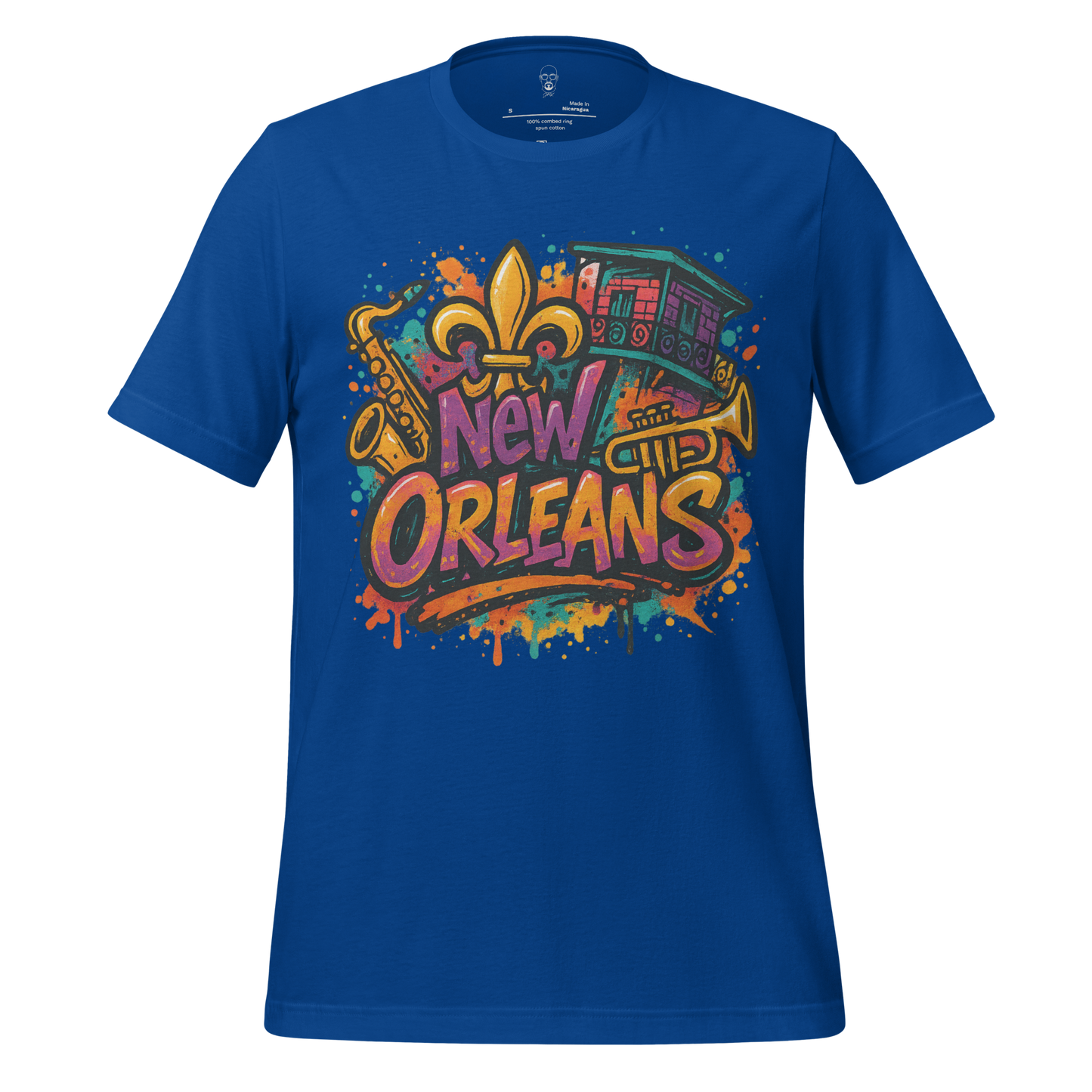 JMK Drip blue New Orleans graphic t-shirt featuring colorful jazz trumpet saxophone and streetcar design