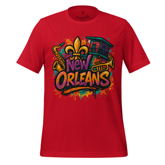 Red New Orleans graphic t-shirt with colorful saxophone, trumpet, fleur-de-lis, and streetcar design