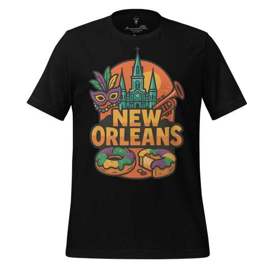 Black New Orleans t-shirt by JMK Drip featuring Mardi Gras mask, church, trumpet, and king cake design