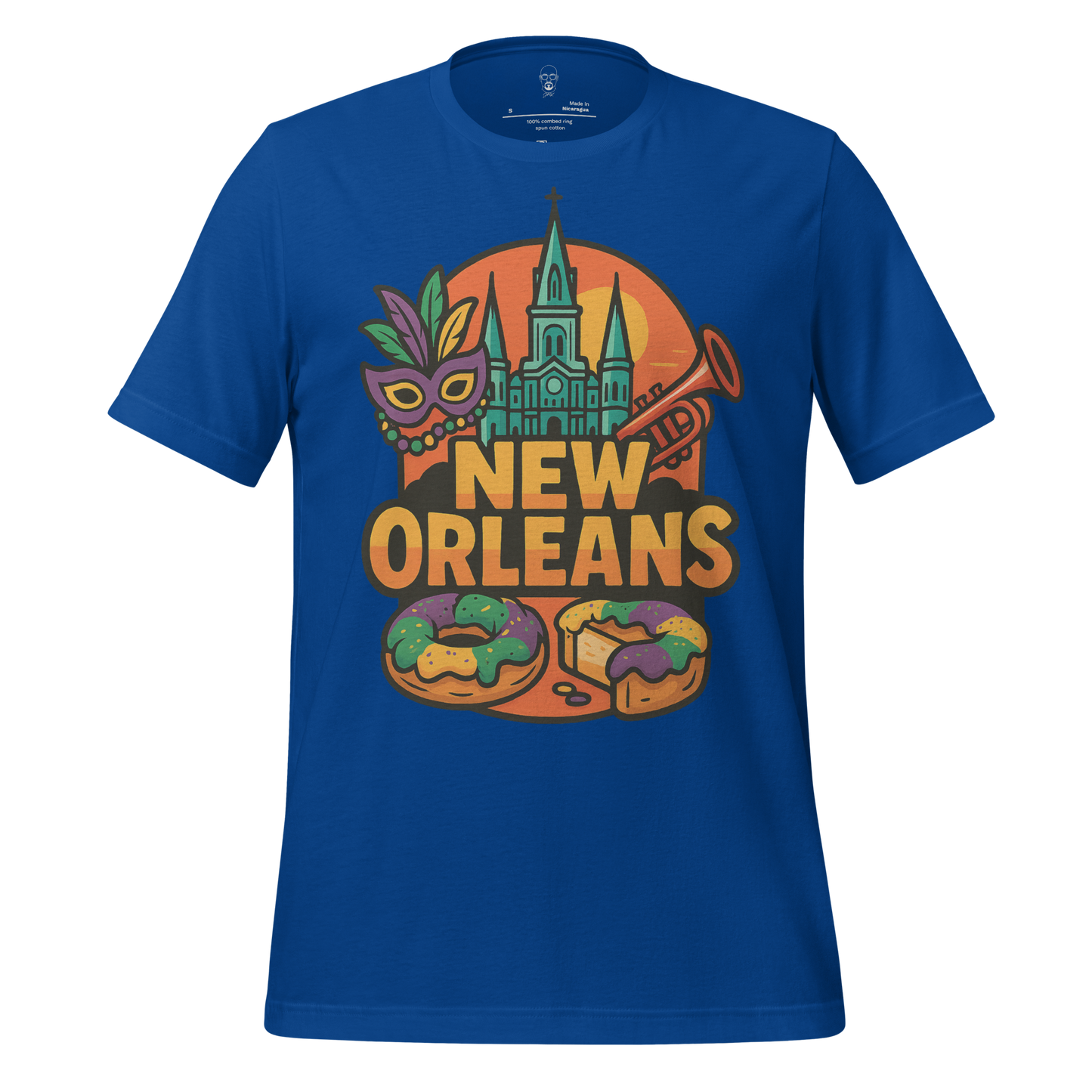 JMK Drip blue New Orleans t-shirt with colorful Mardi Gras mask trumpet church and king cake design