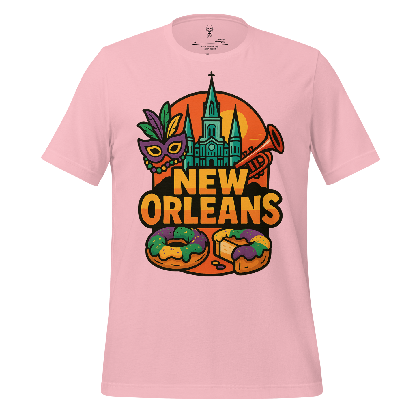 Pink New Orleans t-shirt with colorful Mardi Gras mask, trumpet, cathedral, and king cake design