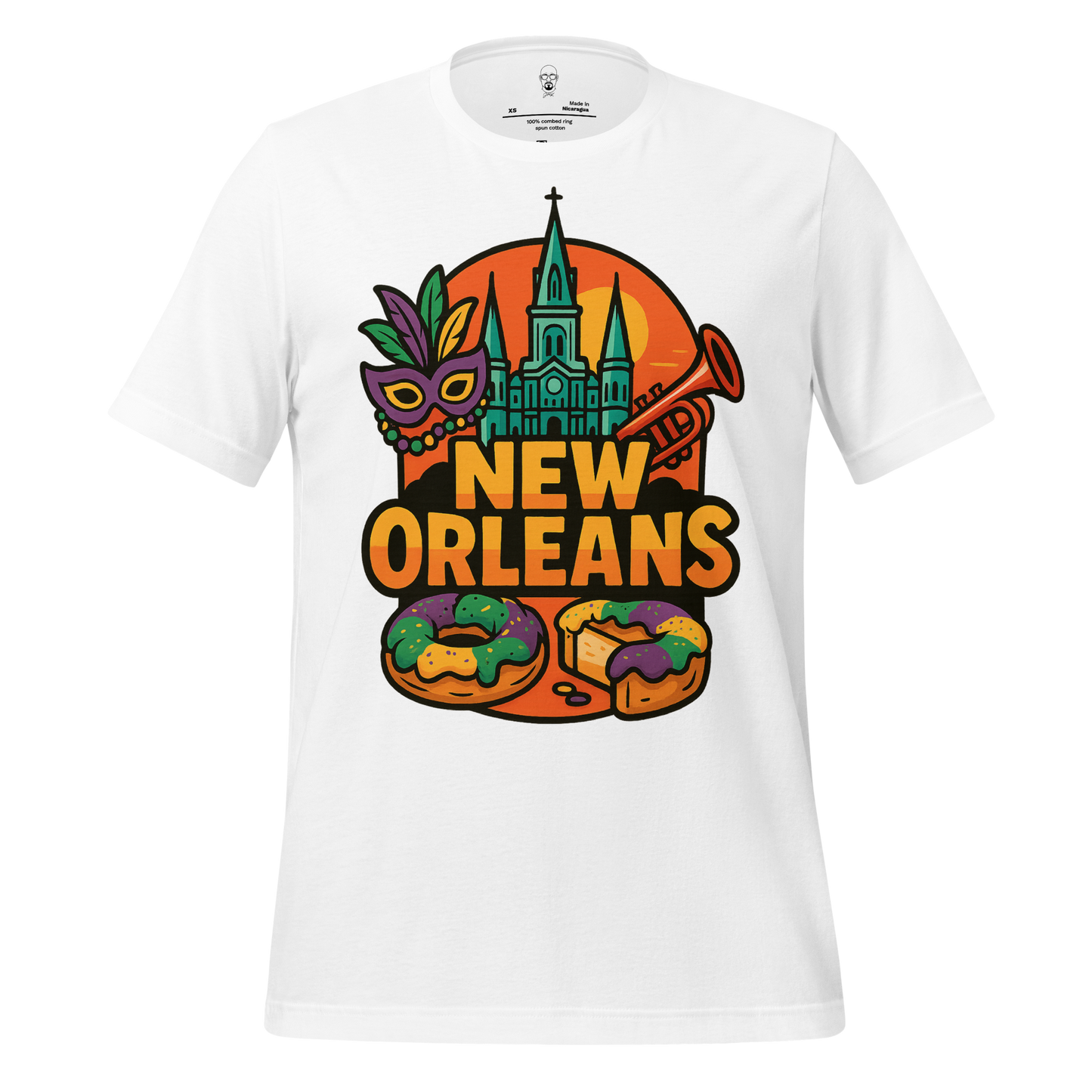 JMK Drip New Orleans t-shirt with colorful Mardi Gras mask, trumpet, beignets, and cathedral design