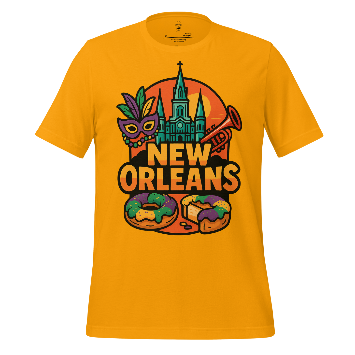 Bright yellow New Orleans t-shirt featuring Mardi Gras mask, trumpet, cityscape, and king cake design