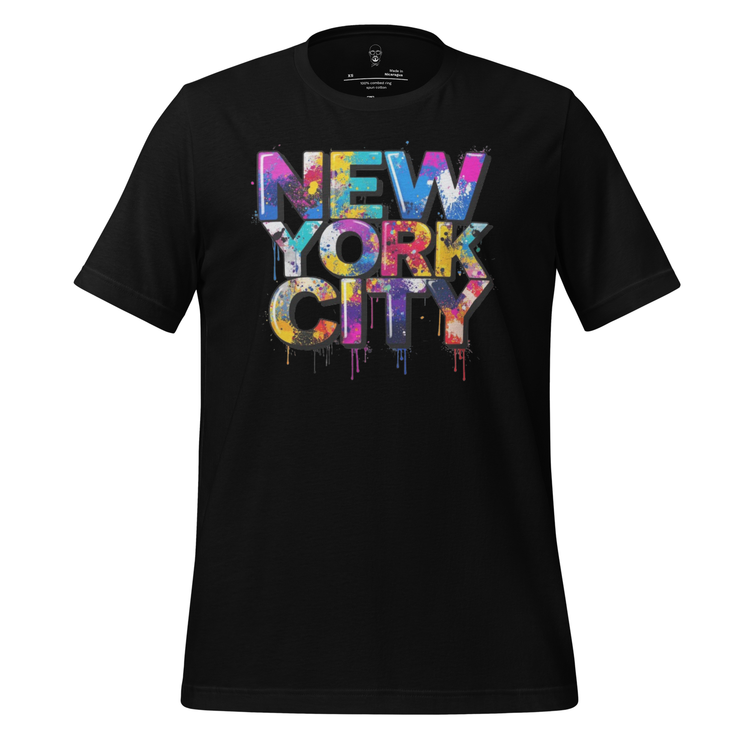 JMK Drip black New York City graphic t-shirt with colorful paint splatter design