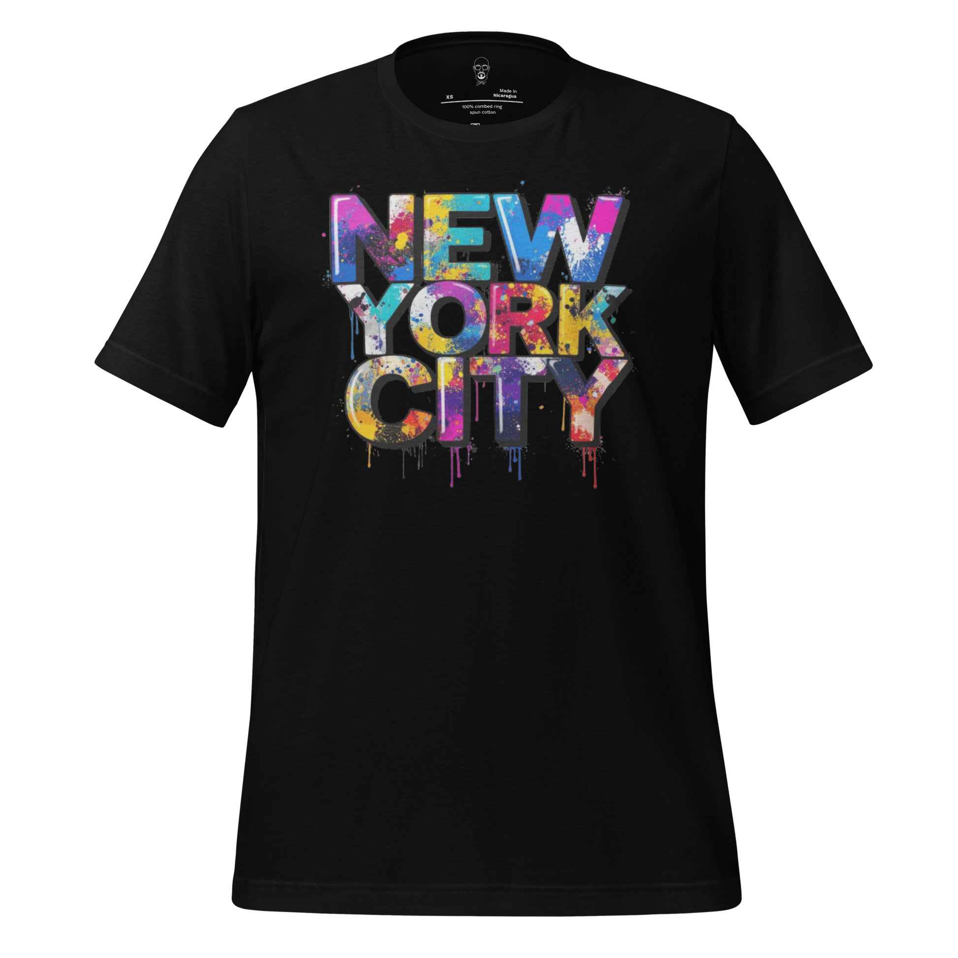 JMK Drip black New York City graphic t-shirt with colorful paint splatter design