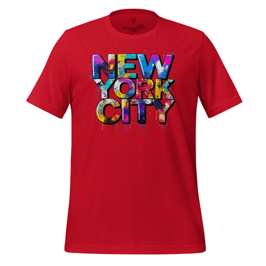 Red t-shirt with colorful graffiti style New York City graphic t-shirt print by JMK Drip