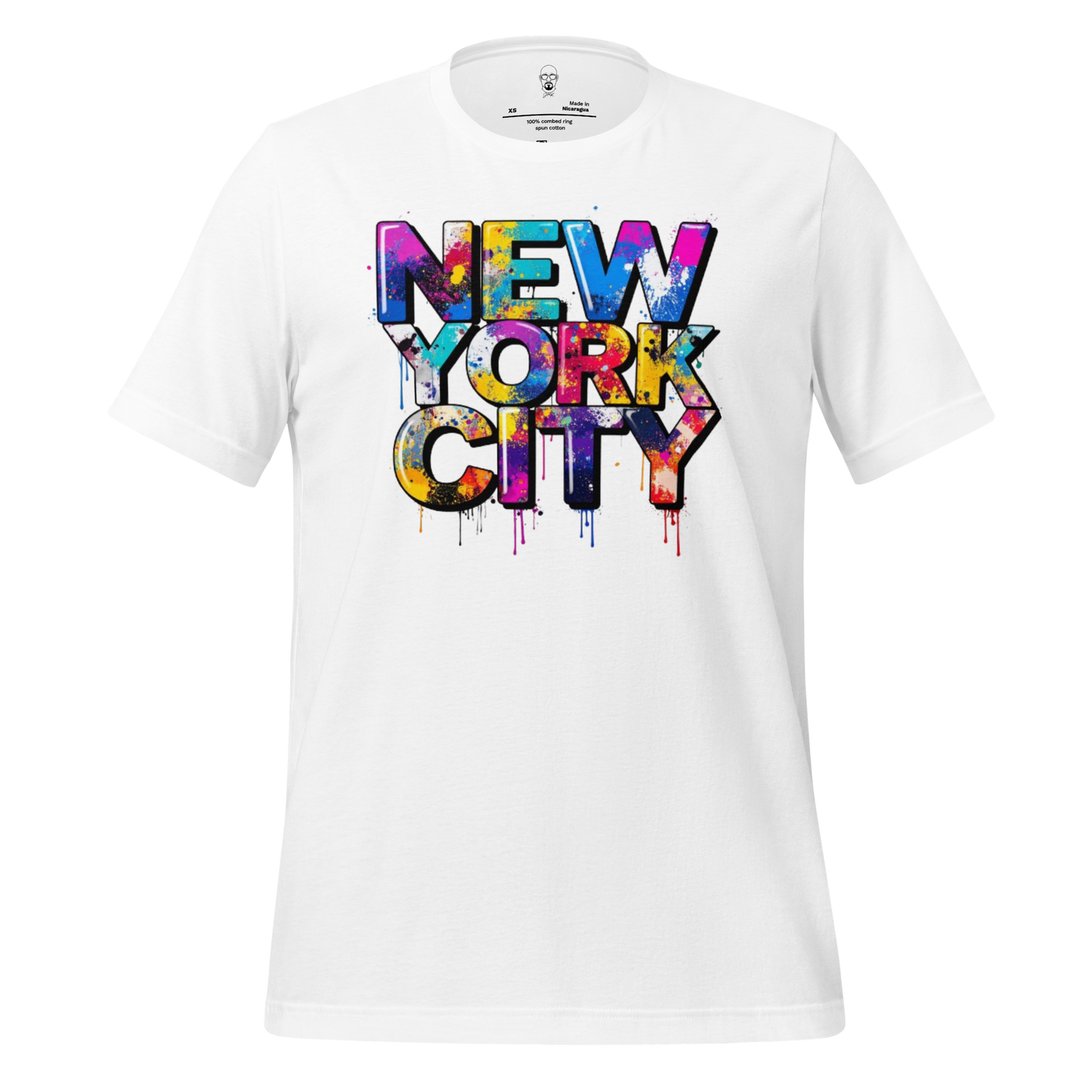White t-shirt with colorful dripping paint design spelling New York City graphic t-shirt by JMK Drip