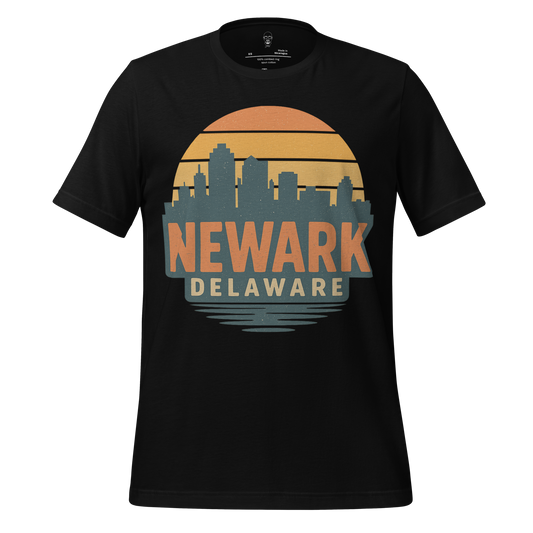 Black Newark Delaware Graphic T-Shirt with city skyline and sunset design by JMK Drip
