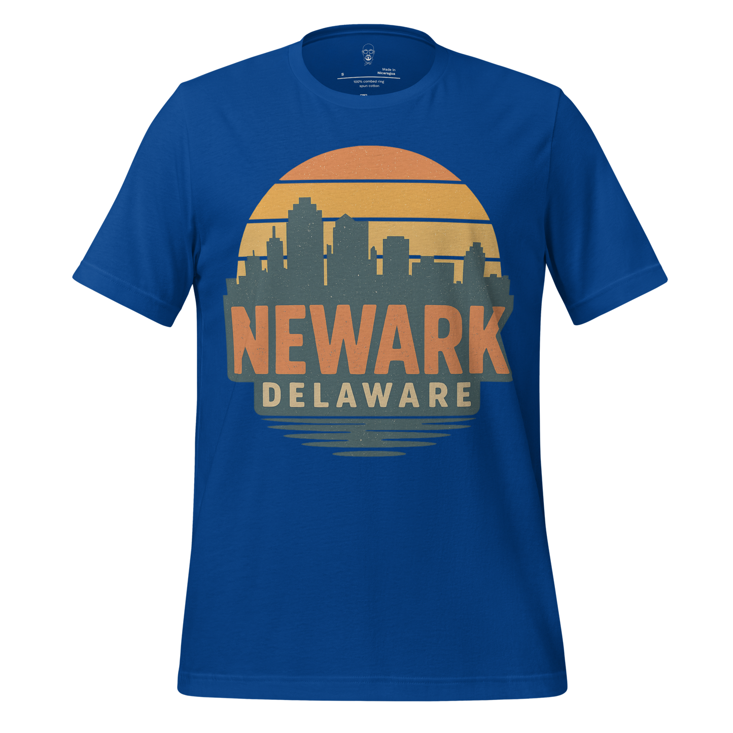 JMK Drip Newark Delaware Graphic T-Shirt in blue with city skyline and sunset design