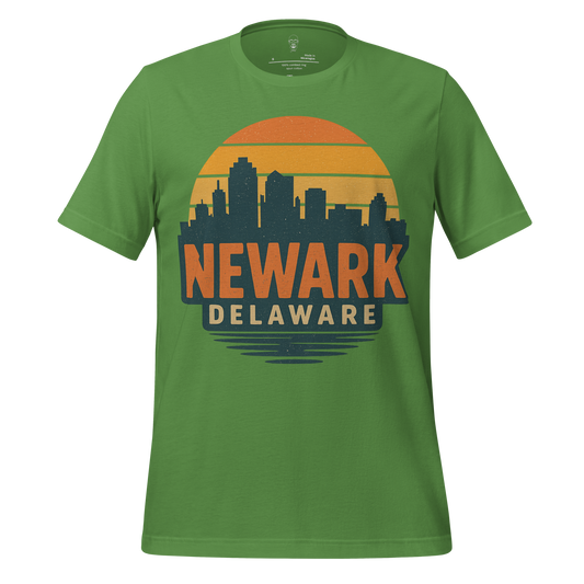 Green Newark Delaware Graphic T-Shirt by JMK Drip with city skyline and sunset design