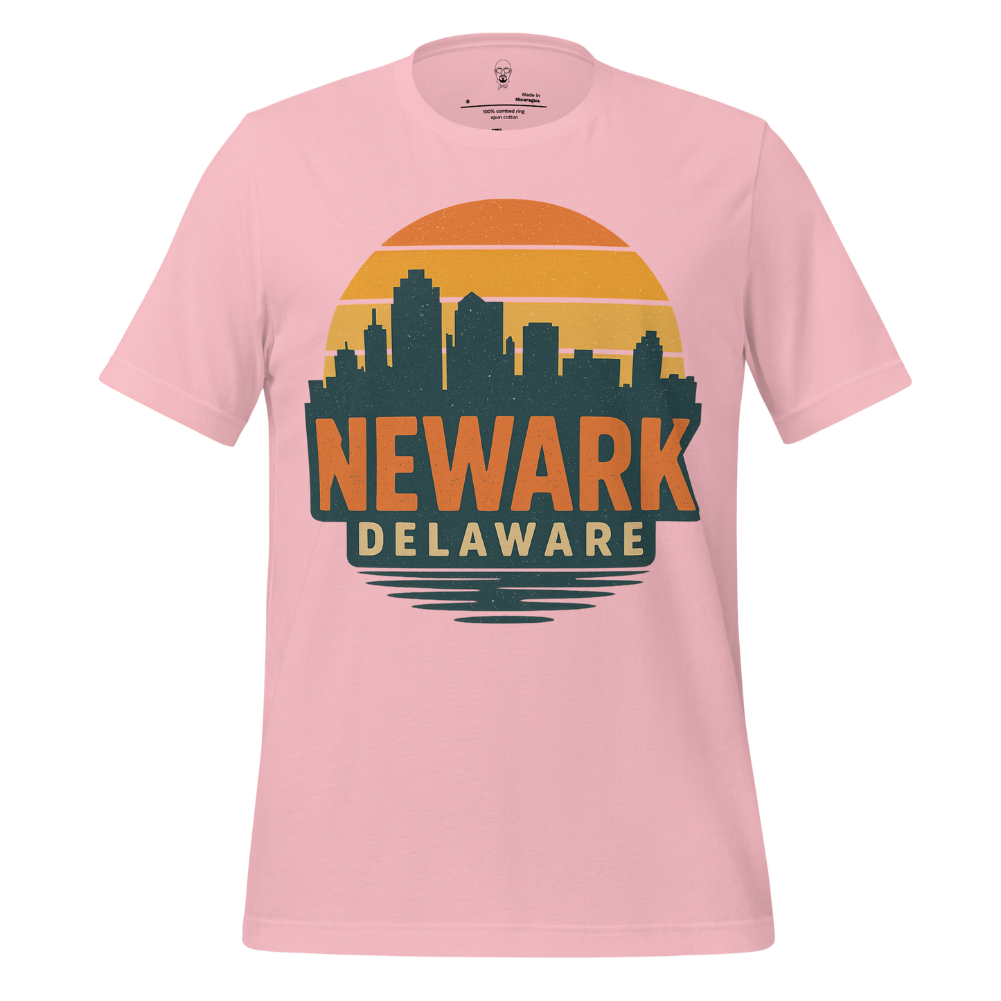 Pink Newark Delaware Graphic T-Shirt by JMK Drip with city skyline and sunset design