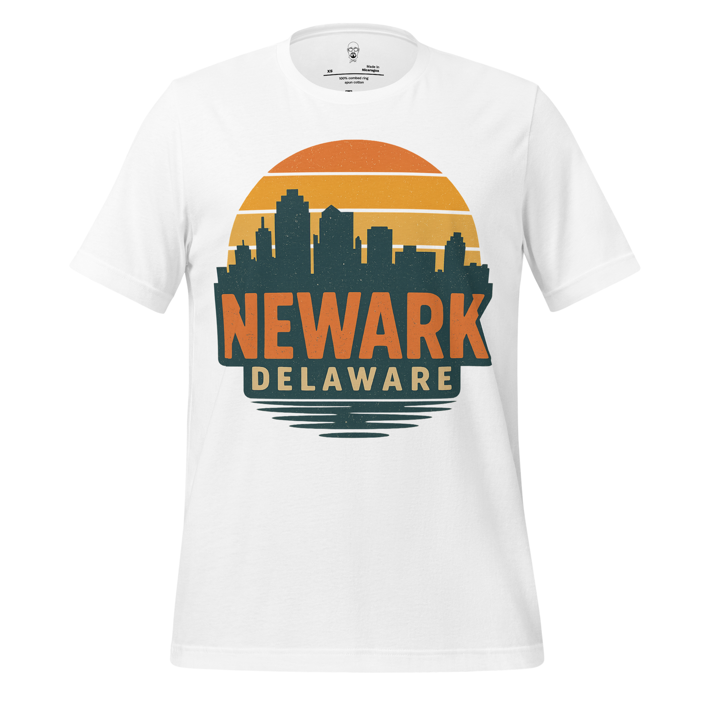 White Newark Delaware Graphic T-Shirt with city skyline and sunset design by JMK Drip