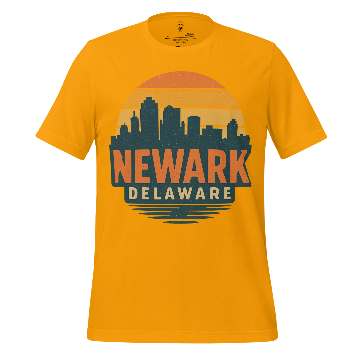 JMK Drip Newark Delaware Graphic T-Shirt with city skyline and sunset design on yellow cotton fabric