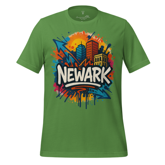 Green Newark Graphic T-Shirt by JMK Drip with colorful cityscape and graffiti design