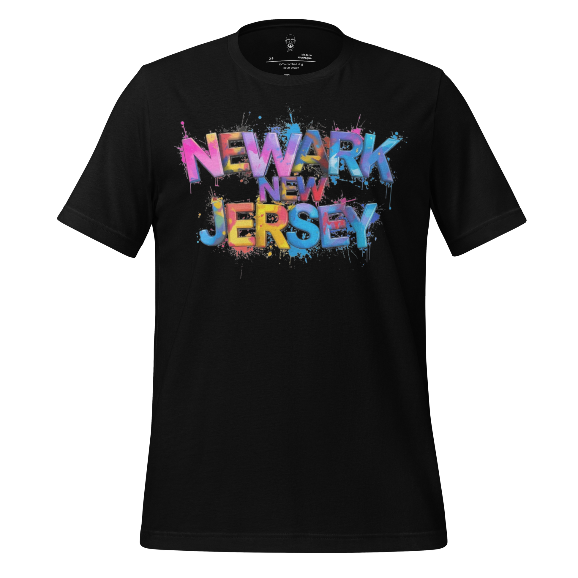 Black t-shirt with colorful graffiti style Newark New Jersey t-shirt design on front