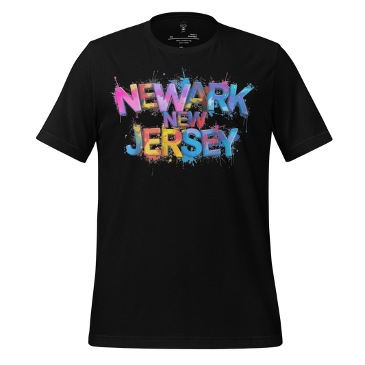 Black t-shirt with colorful graffiti style Newark New Jersey t-shirt design on front