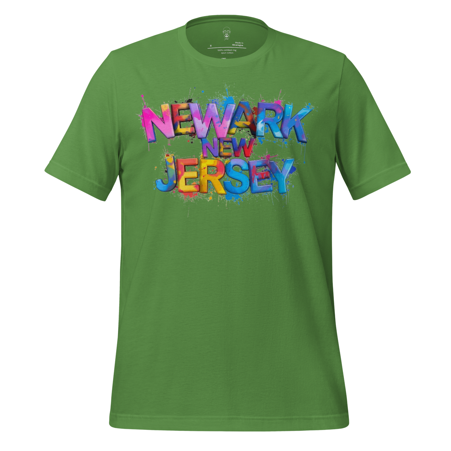 Green Newark New Jersey t-shirt with colorful graffiti style text design by JMK Drip