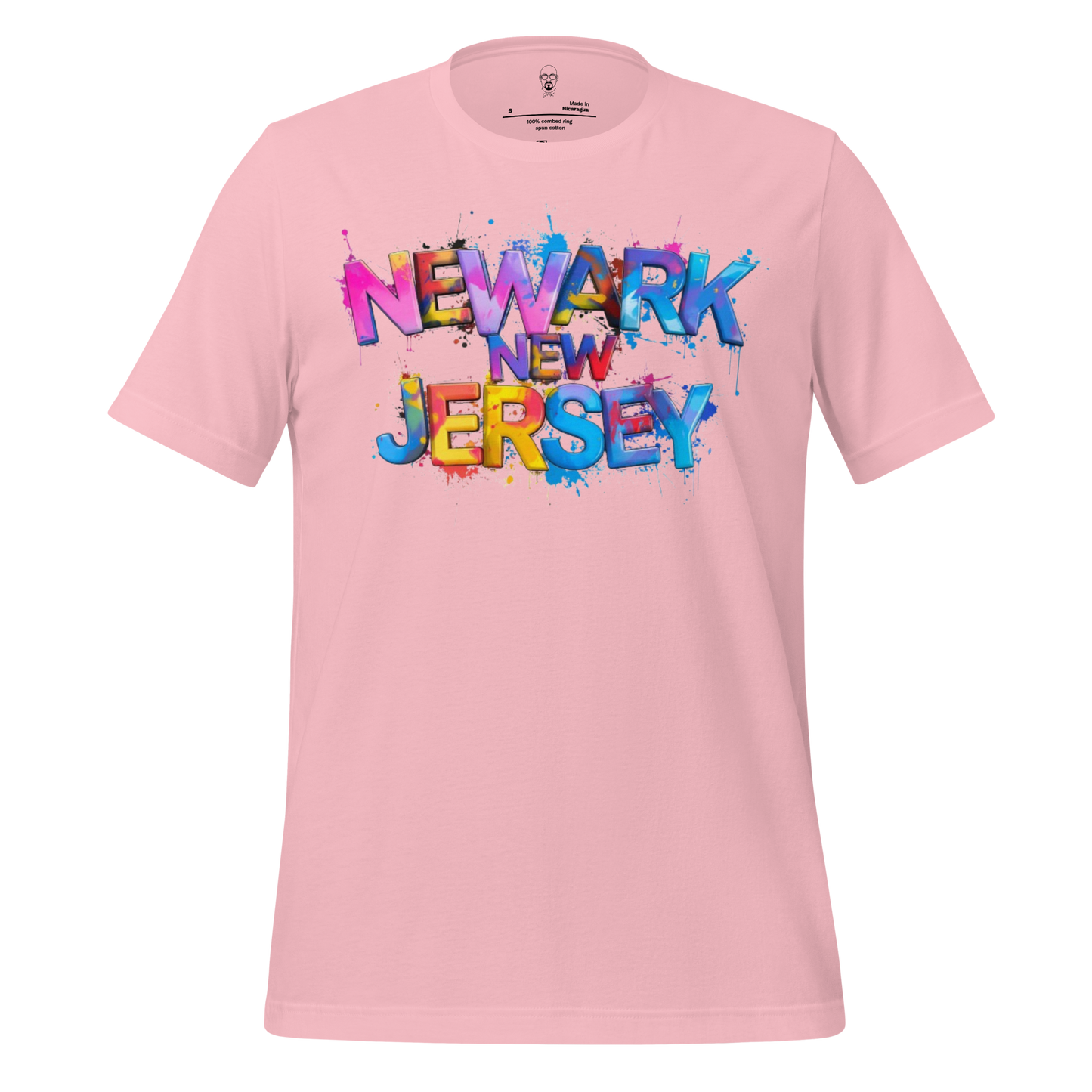 Pink Newark New Jersey t-shirt with colorful graffiti style text design by JMK Drip