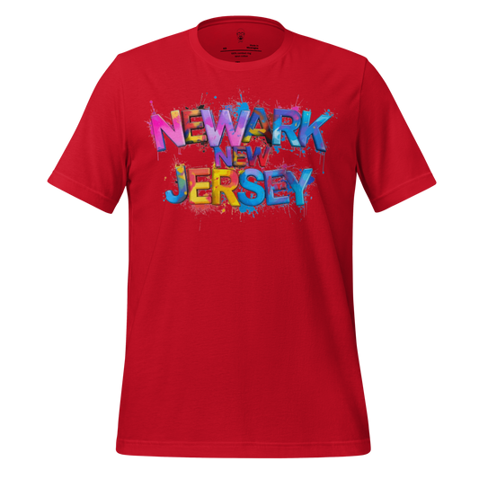 Red Newark New Jersey t-shirt by JMK Drip with colorful graffiti style text design