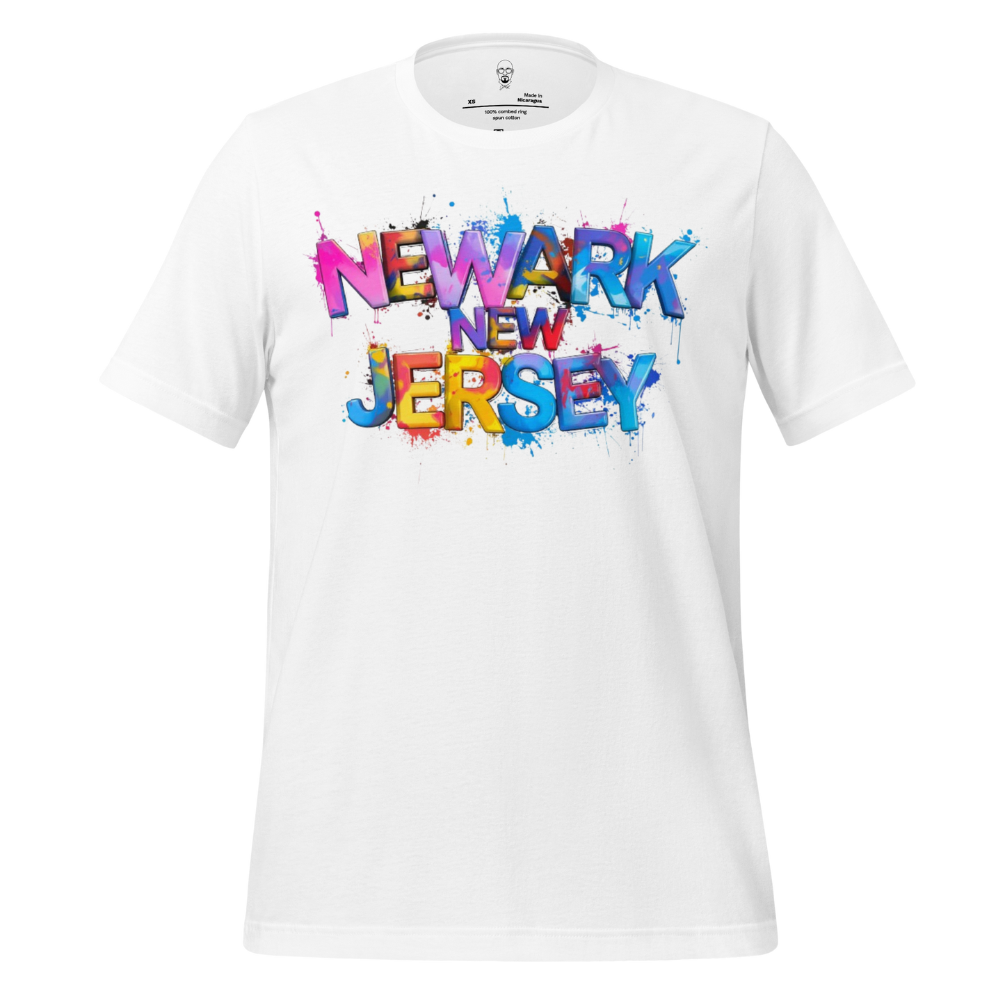 JMK Drip white Newark New Jersey t-shirt with colorful graffiti-style text design