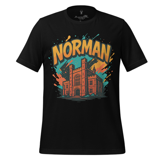 Black Norman Graphic T-Shirt by JMK Drip featuring a colorful historic building design