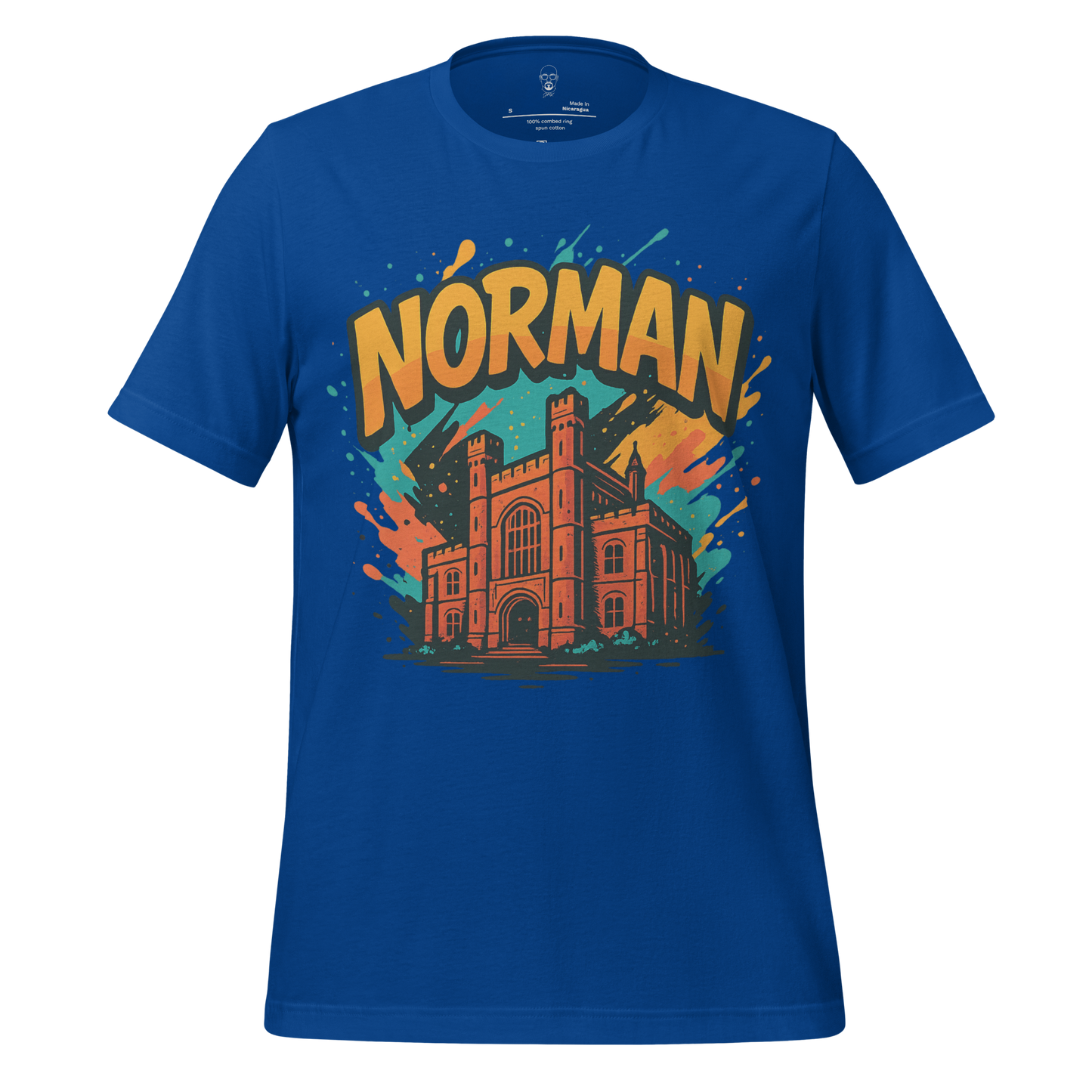 Blue Norman Graphic T-Shirt by JMK Drip with colorful castle design and bold text