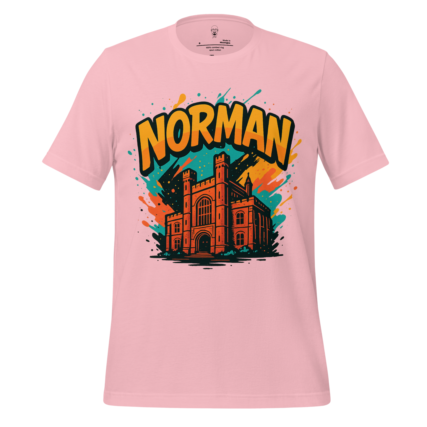 Pink Norman Graphic T-Shirt by JMK Drip featuring colorful castle illustration and bold text