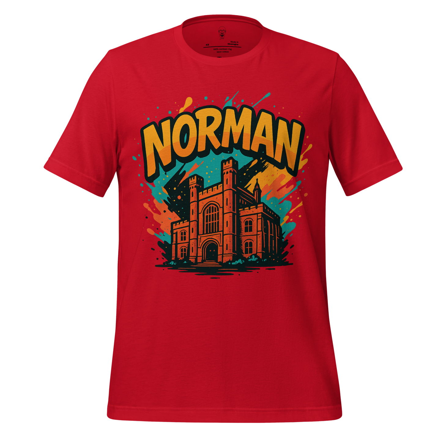 Red Norman Graphic T-Shirt with vibrant castle design and colorful splashes by JMK Drip