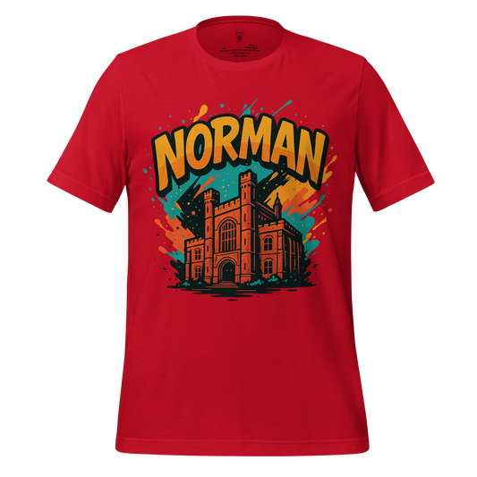 Red Norman Graphic T-Shirt with vibrant castle design and colorful splashes by JMK Drip