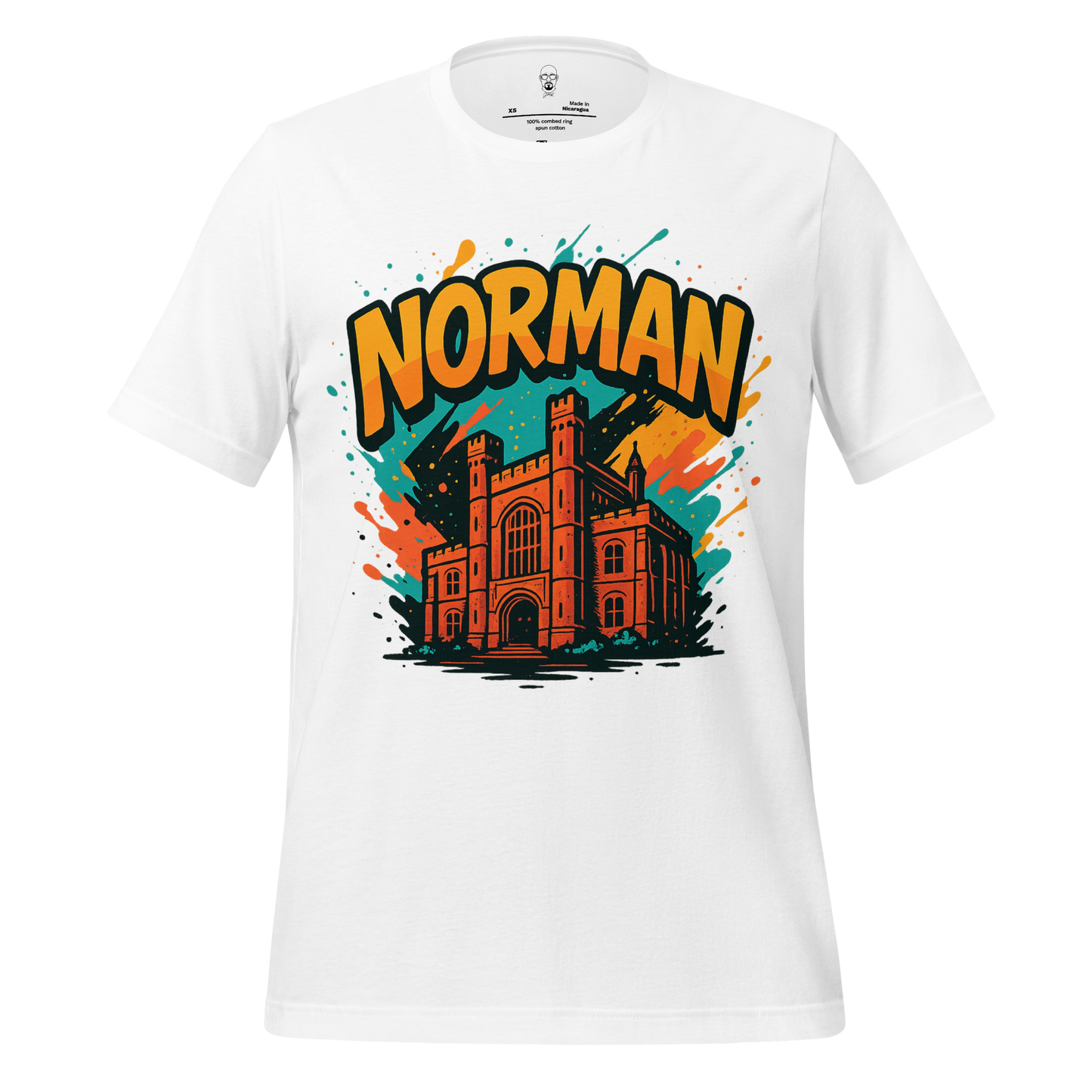 White Norman Graphic T-Shirt from JMK Drip featuring a colorful orange and teal castle design