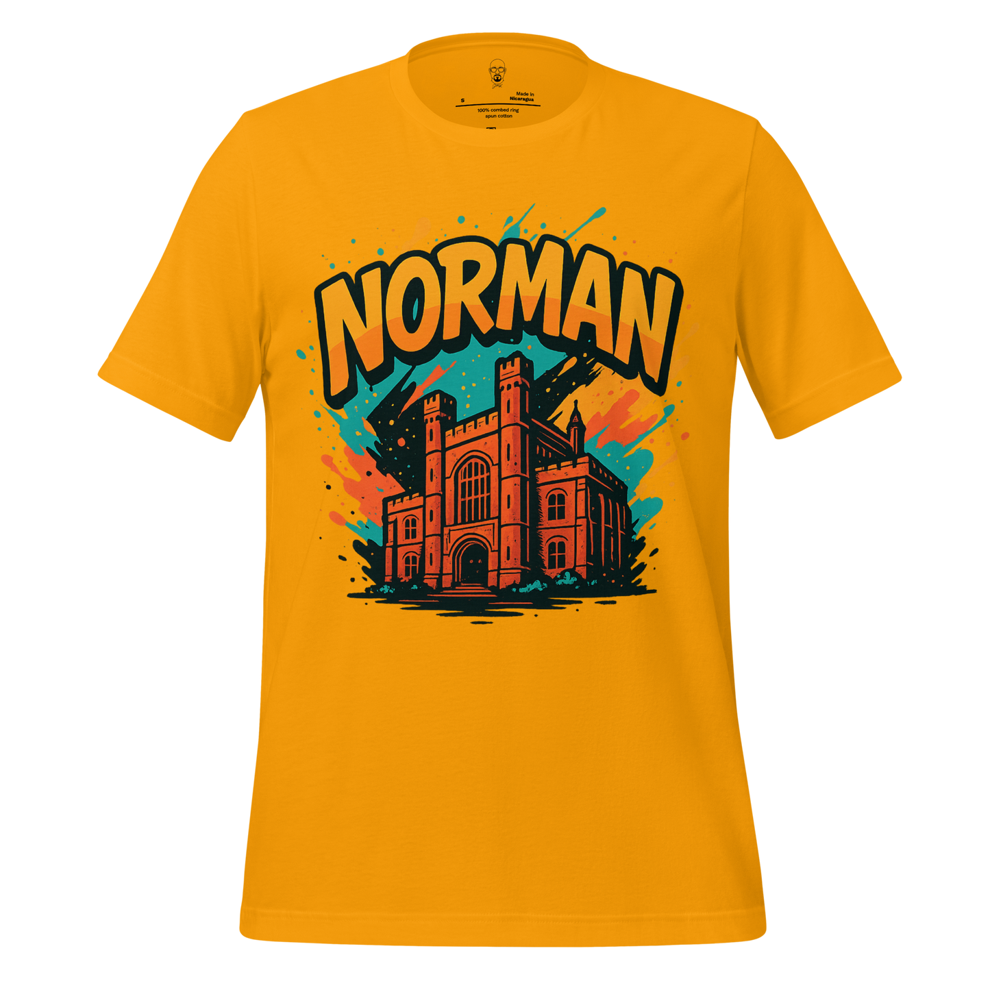 JMK Drip yellow Norman Graphic T-Shirt featuring a colorful castle illustration and bold lettering