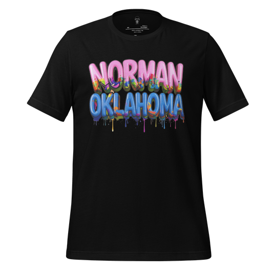 Black t-shirt with vibrant graffiti style text Norman Oklahoma t-shirt by JMK Drip