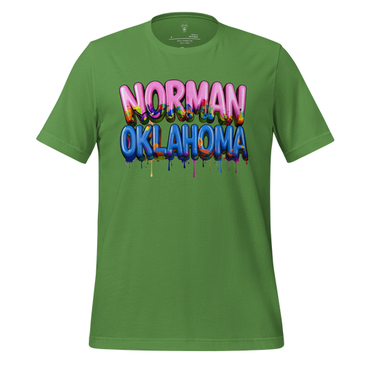 Green Norman Oklahoma t-shirt by JMK Drip with colorful dripping paint text design