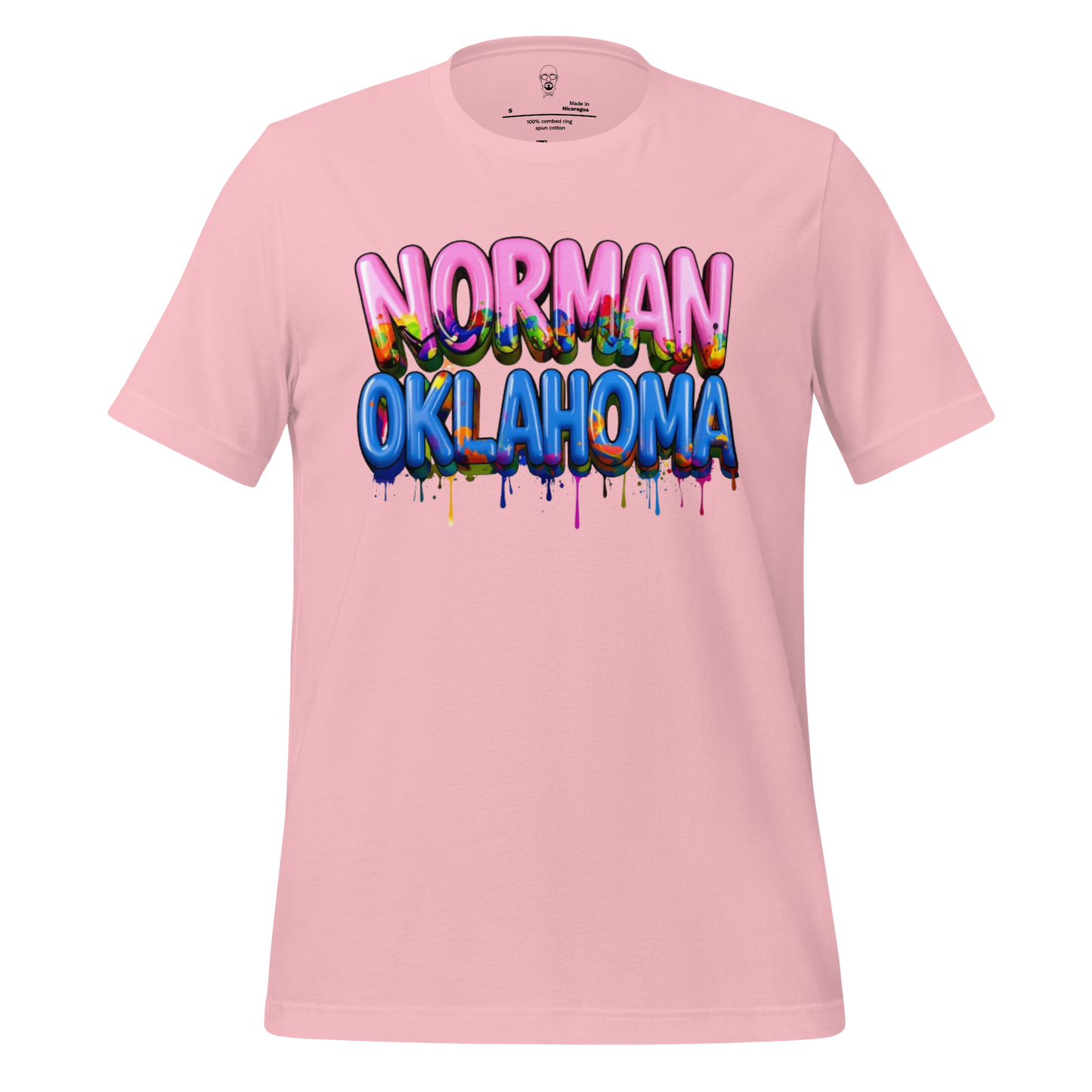 Pink Norman Oklahoma t-shirt with colorful dripping graffiti text design on front