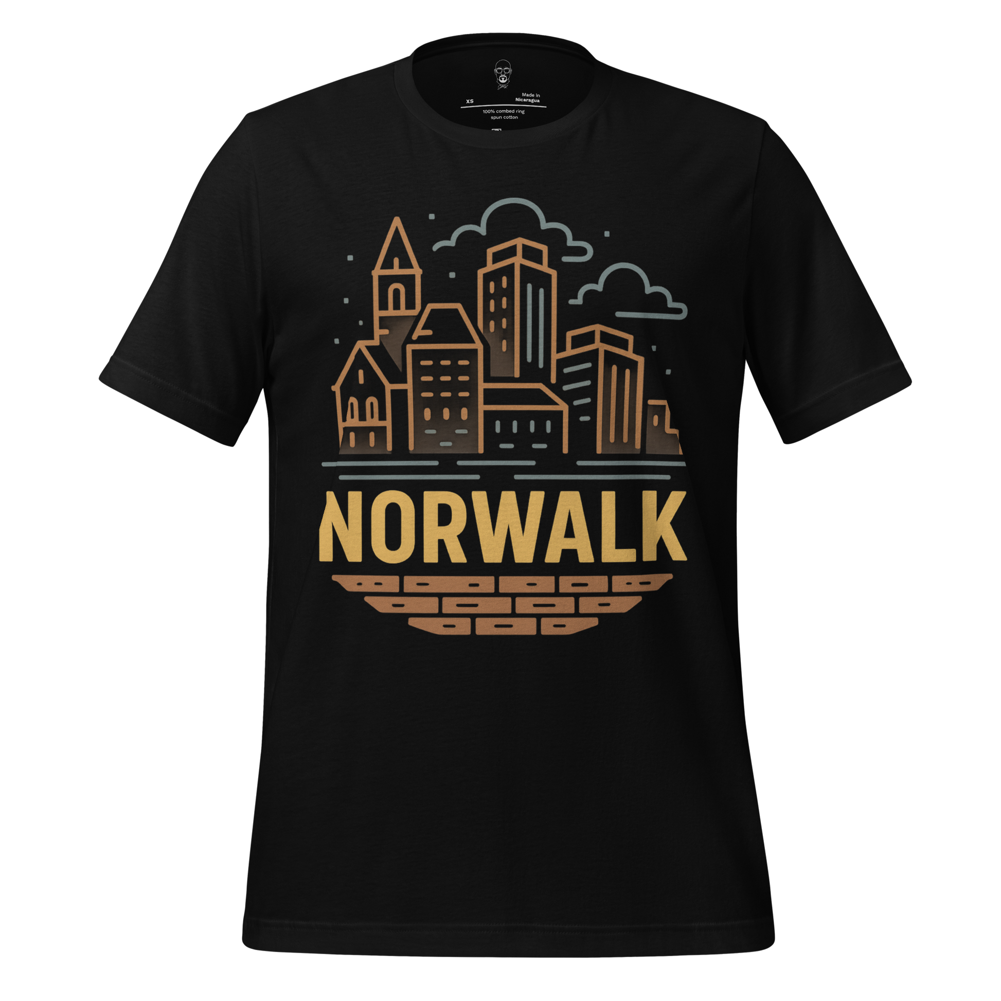 Norwalk Graphic T-Shirt by JMK Drip featuring a brown and beige city skyline design on black fabric
