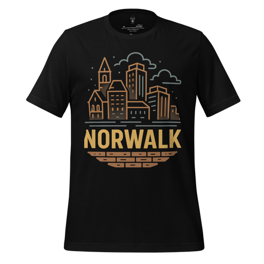 Norwalk Graphic T-Shirt by JMK Drip featuring a brown and beige city skyline design on black fabric