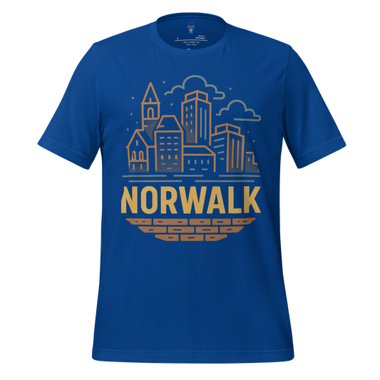 JMK Drip Norwalk Graphic T-Shirt in blue with city skyline and Norwalk text design